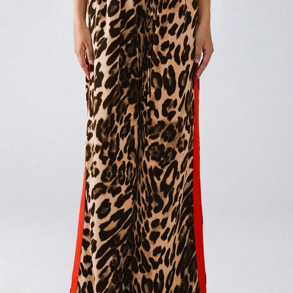 Yellow Casual Women's Leopard Print Color Block Loose Long Pants - Picture 5 of 5